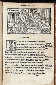 BOETHIUS, Anicius Manlius Severinus (480-524). Illustrated page from "De Consolatione Philosophiae" treaty by Boethius. Representation of Boethius and the Philosophy