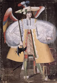 BOLIVIA. Calamarca. Parish Church. Rafael Dei, angel "arcabucero" (dressed in militar clothing) armed with an axe, made for parish church of La Paz, 17th century