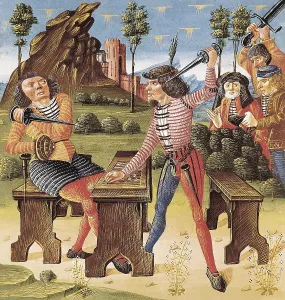 The Book of Good Morals by Jacques Le Grant (1464). Miniature of the Dice Game or The Argument. Gothic art. Miniature Painting. FRANCE. Chantilly. Muse Cond (Cond Museum)