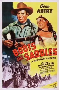 Autry Prints: BOOTS AND SADDLES, US poster, top from left: Gene Autry, Judith Allen, 1937