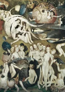 Bosch, Hieronymus Van Aeken, called (1450-1516). The Garden of Earthly Delights. Center Panel. 1503-1504. Central panel of the triptych. Lovers enjoying with fruits. Flemish art