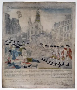 1700s Prints: Boston Massacre. British troops shoot into and a crowd in Boston, Mass