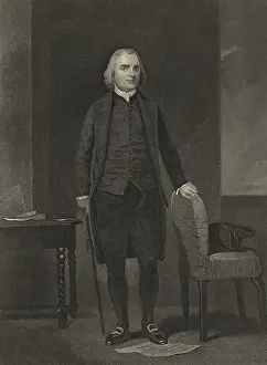 Massachusetts Prints: Boston patriot Samuel Adams stands on a paper inscribed with Gen