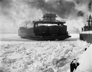 Harbors Prints: Boxcar ferry of the Michigan Central Railroad entering an iced up slip on the Detroit River
