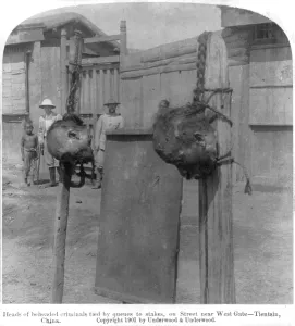 Decapitation Prints: Boxer Rebellion, heads of beheaded criminals tied by queues to stakes on street near West Gate