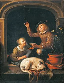 Container Prints: Two Boys Blowing Soap Bubbles, by Anonymous after Dou Gerrit