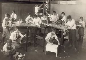 Classroom Prints: Boys learn carpentry in an open air summer school in Chicago in 1917