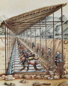 Economic Prints: Brazil (18th c.). Slaves cleaning precious stones guarded by a 'feitor' with a whip
