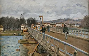 The Bridge in Argenteuil, by Alfred Sisley, 1872, 19th Century, oil on canvas - France, Paris, Muse d'Orsay. Whole artwork view. Bridge with people passing by