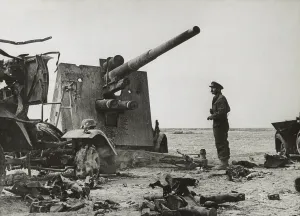 Lcgr1310 Prints: British army officer looks at a destroyed German dual purpose 88 millimeter gun