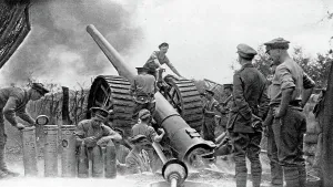 Images Dated 29th August 2007: A British heavy gun in action, British soldiers preparing artillery shells and manning a large artillery piece