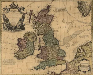 English Channel Prints: British Isles in early 18th century map showing internal divisions