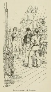 Seamen Prints: British officers impressing a seaman after boarding an American ship. Ca. 1810