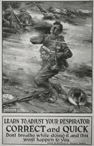 Gas Masks Prints: British poster instructing soldiers in use of WW1 gas masks