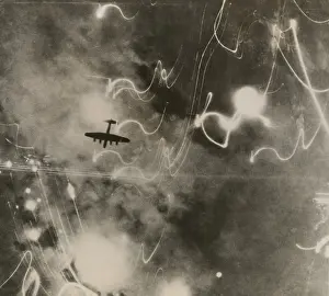 Complexity Prints: British RAF bomber and trails of light from incendiary bombs