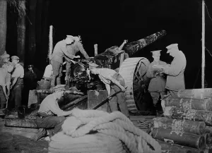 Big Guns Prints: British soldiers getting artillery in position at night during World War 1