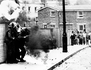 Soldier Prints: British troops stopped by a gasoline bomb thrown by rioters in Londonderry