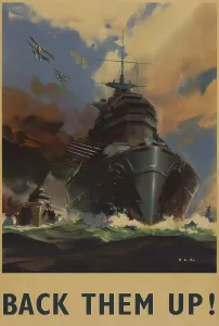 Home Front Prints: British World War 2 poster. Back Them Up! reads a poster depicting warships and seaplanes