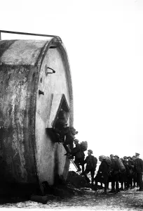 Container Prints: British World War I soldiers entering a novel billet with their packs