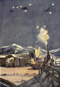Explosions Prints: British WW1 aeroplanes bombing a Zeppelin Factory in Germany on Nov