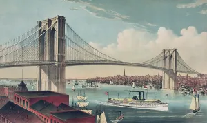 Harbors Prints: The Brooklyn Bridge with Manhattan buildings in lower left and Brooklyn in the distance