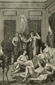 Woodcuts Prints: Brothel in ancient Greece. 19th century engraving from a HISTORY OF PROSTITUTION