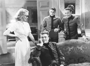 Uniform Military Prints: BROTHER RAT, from left: Jane Wyman, Eddie Albert, Ronald Reagan, Wayne Morris, 1938