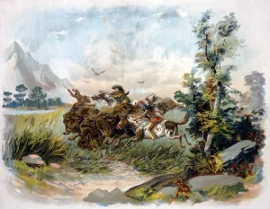 November Prints: Buffalo hunt in the wild west. A buffalo hunter shooting a buffalo as two Natives ride alongside with spears