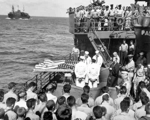 Lcgr1310 Prints: Burial at sea for 2 of the 644 sailors killed in the sinking of USS Liscome Bay