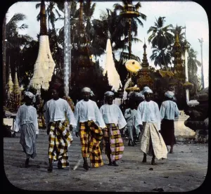 Images Dated 6th March 2008: Burma, men walking on street, hand colored lantern slide