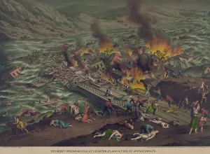 Workers Prints: Burning debris blocked by the stone bridge, during the Johnstown Flood, May 31, 1889