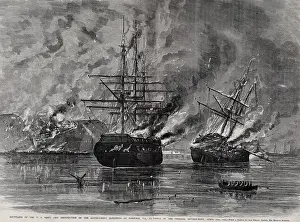 Wood Engraving Prints: Burning and scuttling of US Ships and buildings at US Navy's Gosport Shipyard