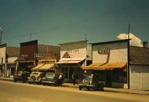 February Prints: Five businesses on the main street of Cascade Idaho include two bars a cafe drug store and barber shop