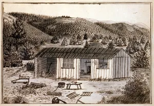 February Prints: My cabin, Long Gulch. California Gold Rush cabin, 1859. Daniel Jenks, color
