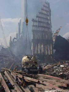 9 11 Prints: Cables are placed around THE SPHERE sculpture by German sculptor Fritz Koenig before it is hoisted out of the rubble