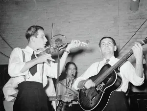 Images Dated 5th August 2014: Cajun musicians at fais-do-do at National Rice Festival. Crowley, Louisiana, October 1938