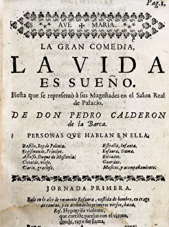 CALDERON DE LA BARCA, Pedro (1600-1681). Front page of "Life is a Dream". Edition made in Madrid by the widow of Blas de Villanueva (1726)