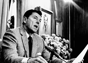 Conservatives Prints: California Gov. Ronald Reagan speaking with newsmen about a dispute between his office and the US Dept