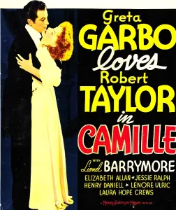 CAMILLE, from left: Robert Taylor, Greta Garbo on window card, 1936