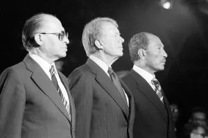 Treaty Prints: Camp David Accords. Israeli prime minister Menachem Begin (L)