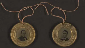 Hamlin Prints: Campaign button for 1860 presidential election showing bust tintype portrait of Abraham Lincoln