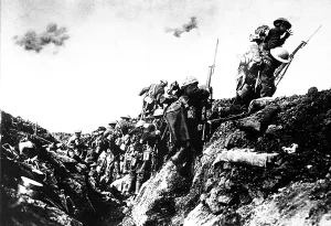 Canadian troops going, over the top, during training near St. Pol, France. World War I. October 1916