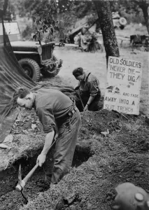 Digging Prints: Canadian troops in Normandy digging trenches outside their tents