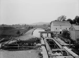 Hydraulic Engineering Prints: Canal boat passing through a lock on the Morris and Essex Canal Waterloo N