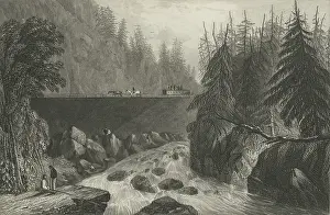 Fishing Prints: A canal boat is towed along an Erie Canal aqueduct