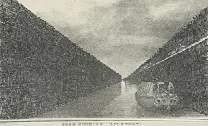 Travel Prints: Canal boats are towed by horses walking on a tow path built into the wall of the Erie Canal at the Deep Cut west of