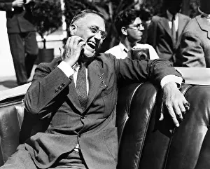 Hyde Park Prints: Candid portrait of President Franklin Roosevelt speaking to informally to greeters at Hyde Park