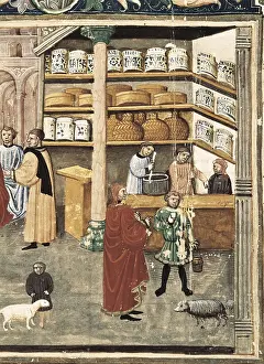 Healing Prints: Canon of Medicine. s.XIV. Detail of an illuminated page from the Canon of Medicine of Avicenna with a pharmacy scene