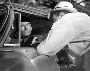 Staring Prints: CAPE FEAR, Gregory Peck, Robert Mitchum, 1962, confrontation at the car