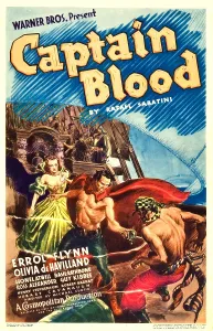 Sword Fighting Prints: CAPTAIN BLOOD, from left: Olivia De Havilland, Errol Flynn on midget window card, 1935